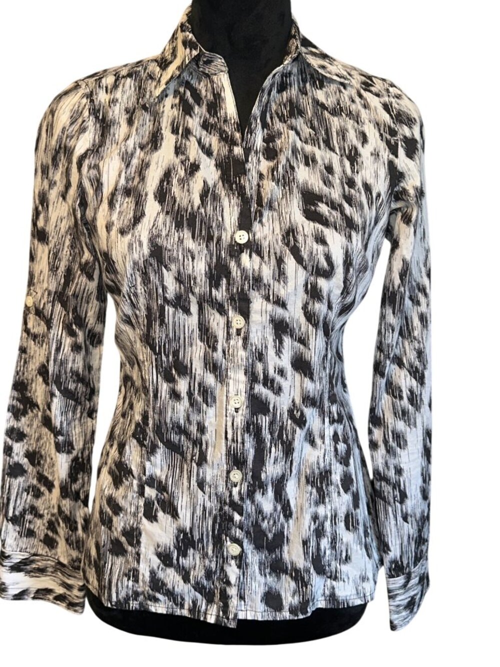 Michael Kors Womens Button-Up Shirt Black & White Abstract Print Size 2 Long Sle